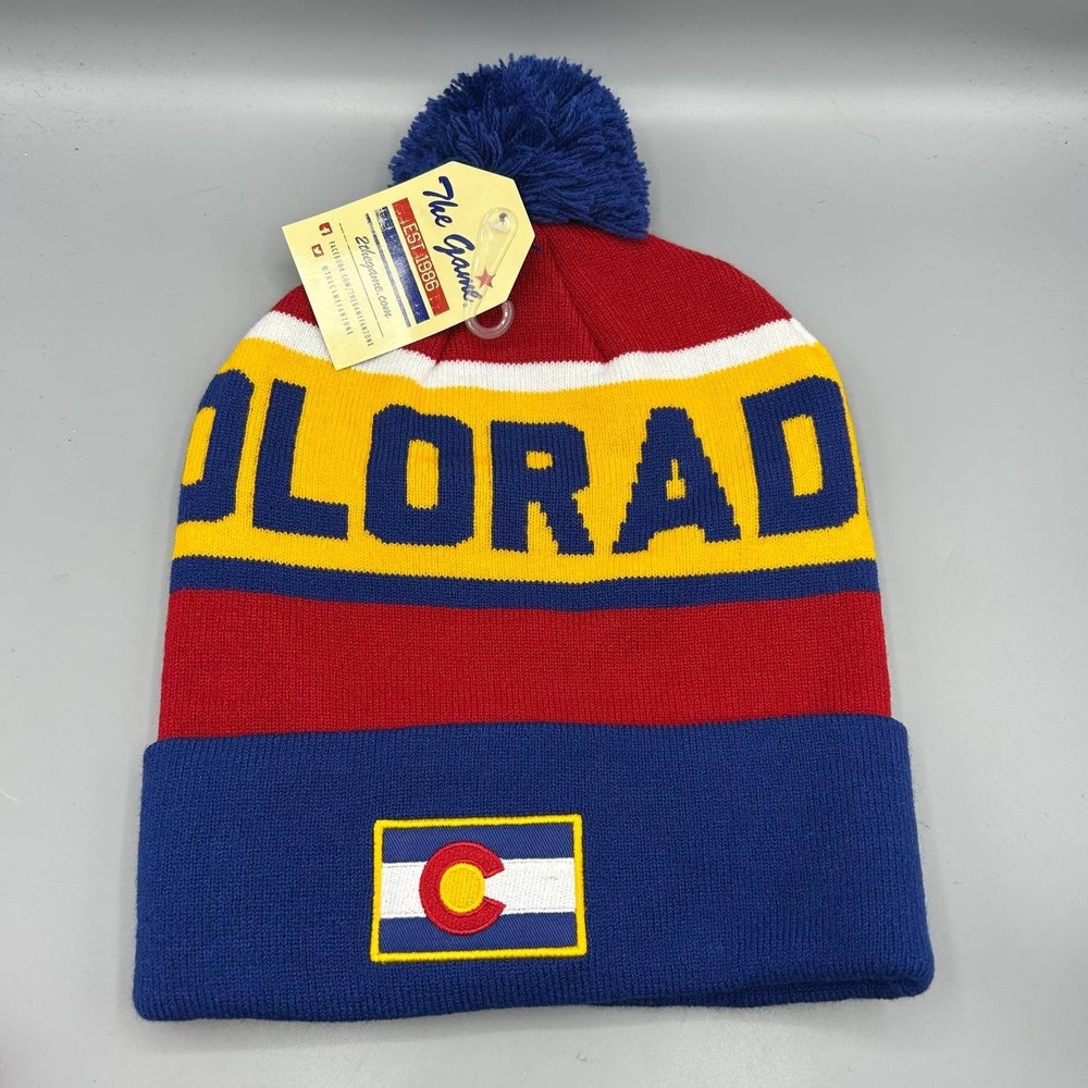 Colorado Flag Hat Men Blue Red Knit The Game Cuffed Beanie Pom Pom Cap New